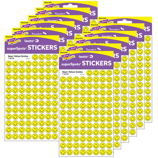 Neon Yellow Smiles superSpots® Stickers, 800 Per Pack, 12 Packs