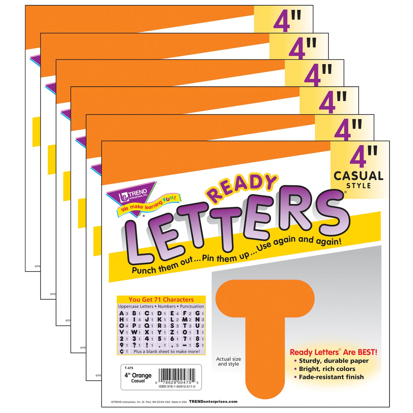 Orange 4" Casual Uppercase Ready Letters®, 6 Packs