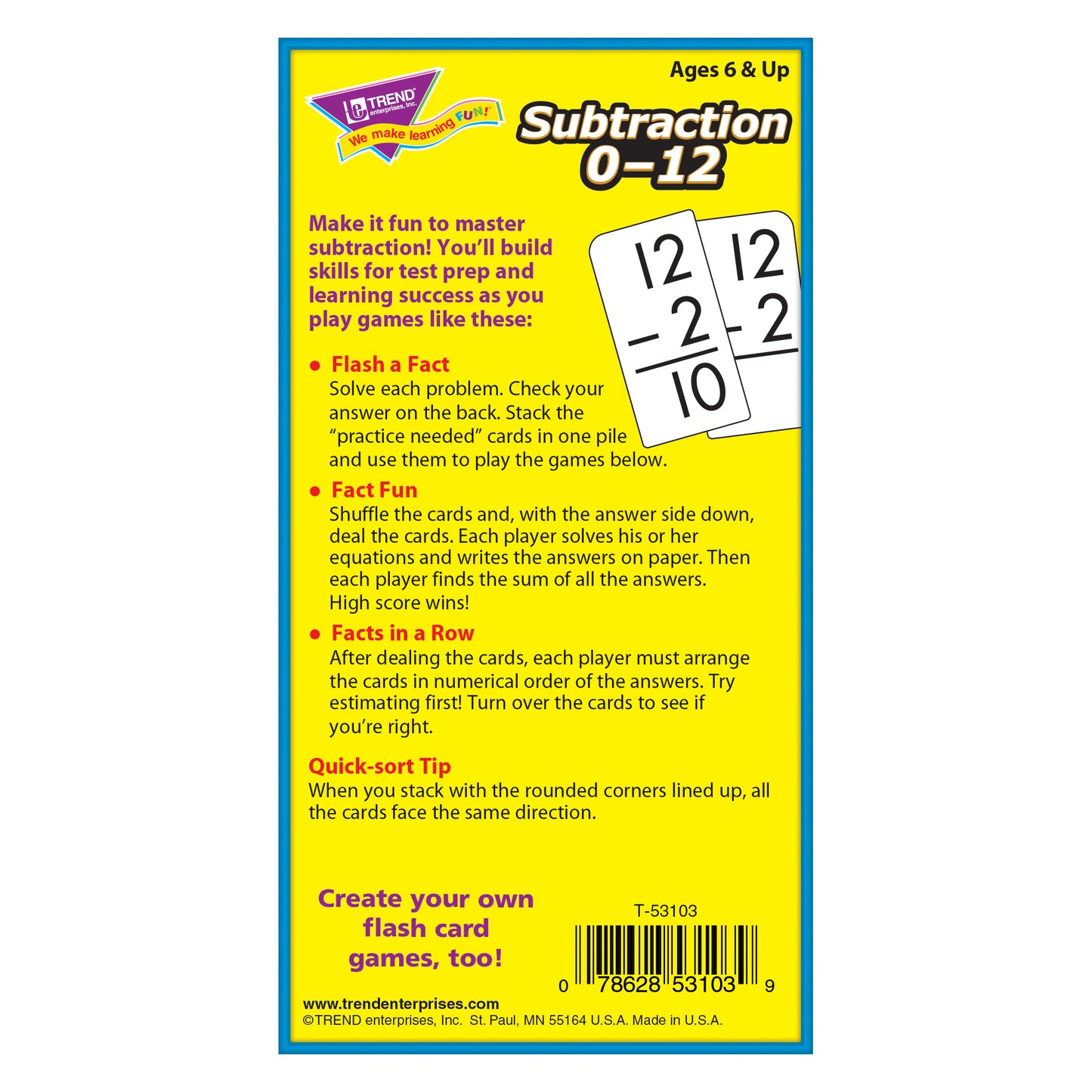 Subtraction 0-12 Skill Drill Flash Cards, 3 Sets