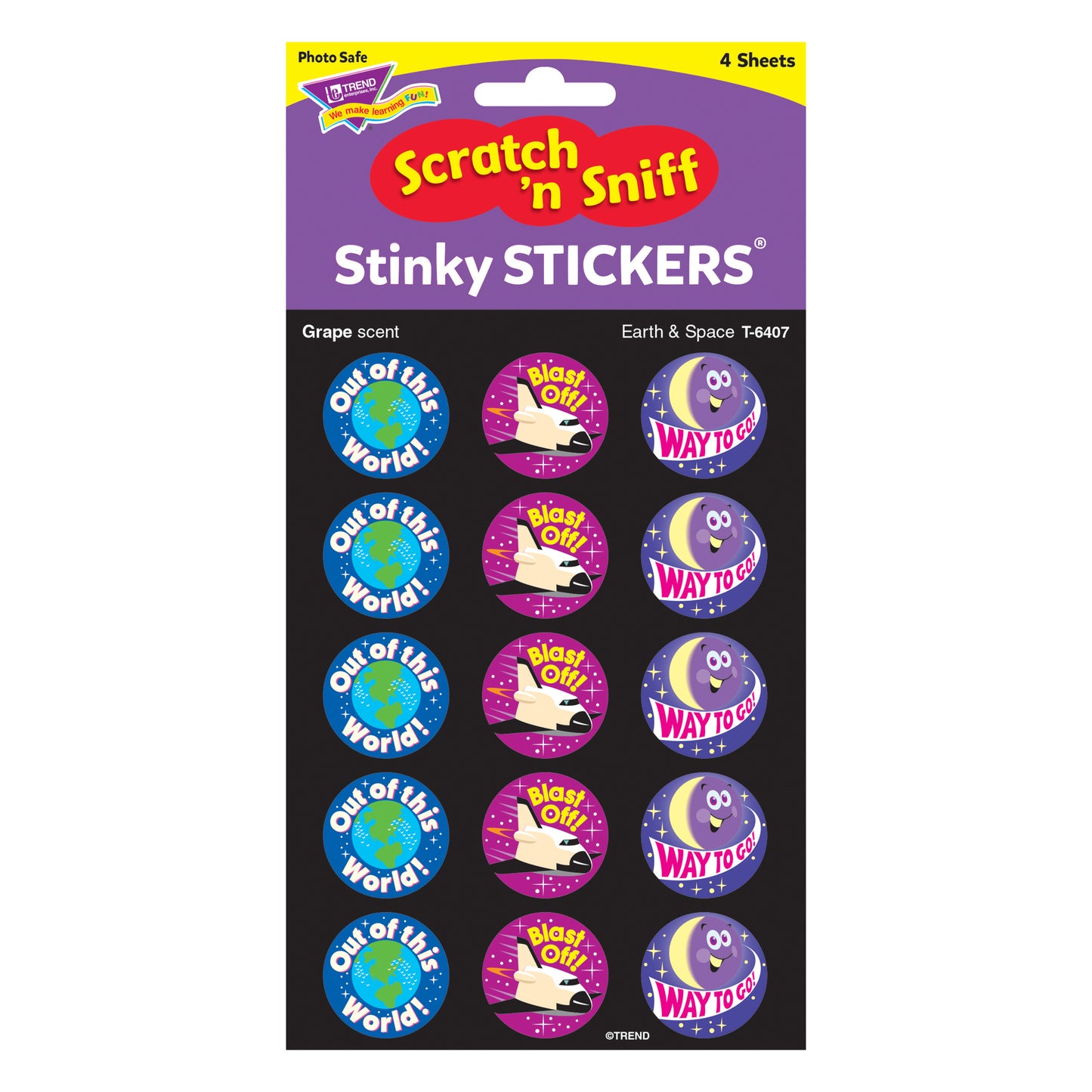 Earth & Space/Grape Stinky Stickers®, 60 Per Pack, 12 Packs