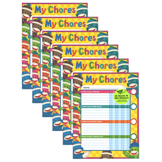 Sock Monkeys Chore Charts, 25 Per Pack, Pack of 6