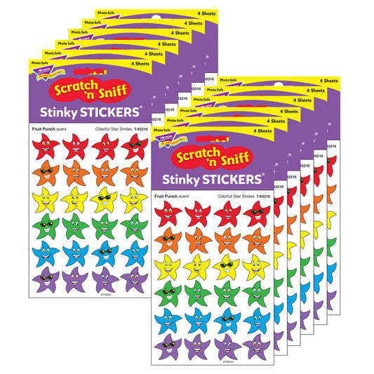 Colorful Star Smiles/Fruit Punch Stinky Stickers®, 96 Per Pack, 12 Packs