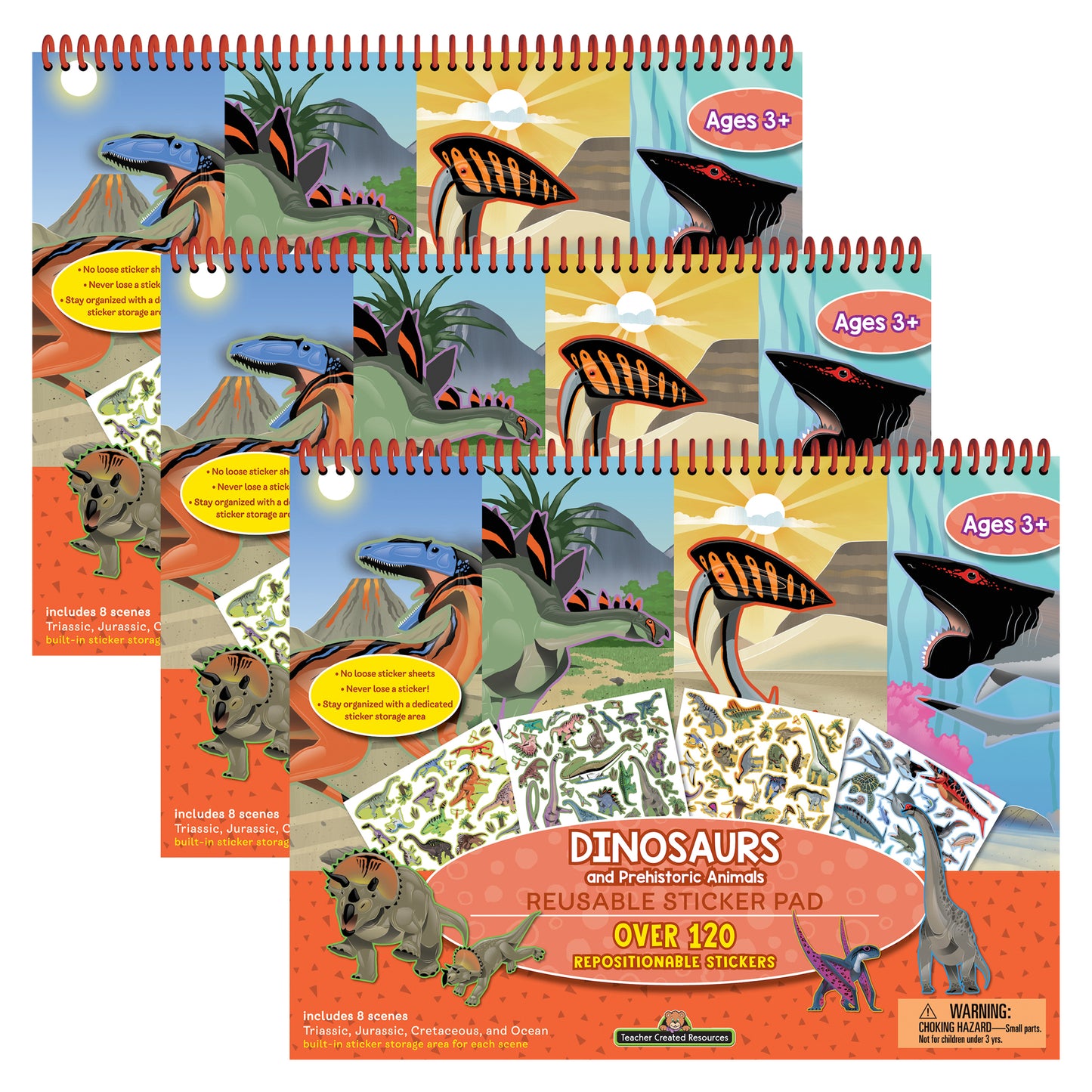 Dinosaurs and Prehistoric Animals Reusable Sticker Pad, Pack of 3
