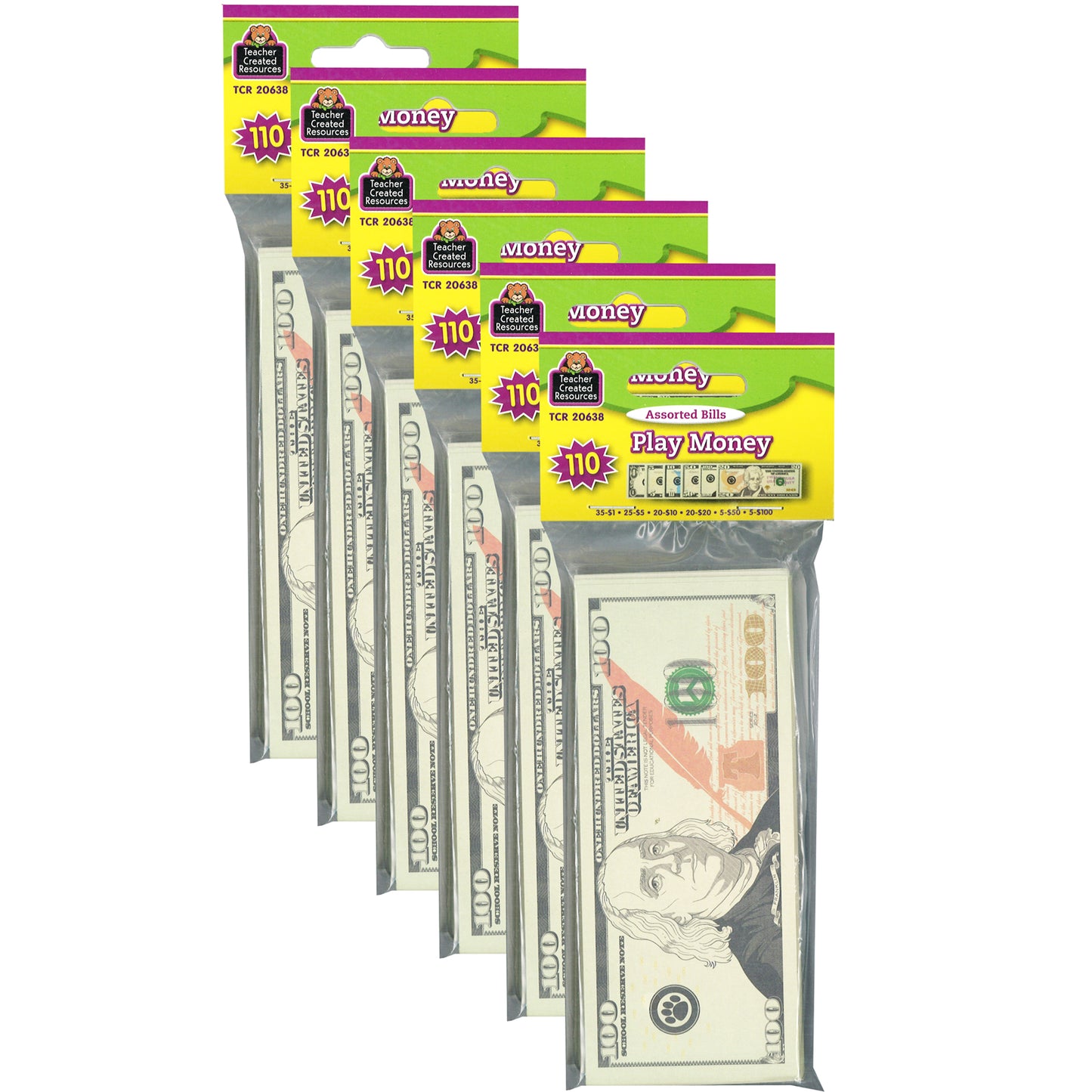 Play Money: Assorted Bills, 110 Per Pack, 6 Packs