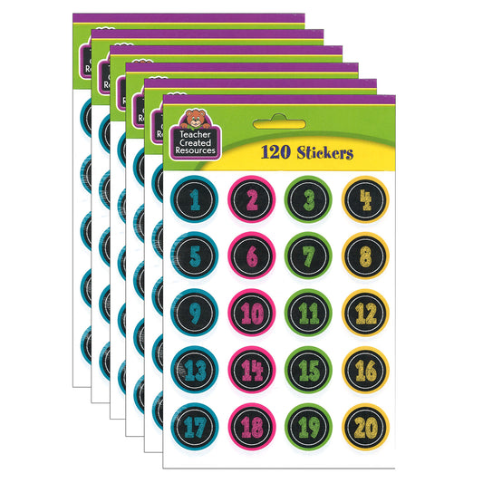 Chalkboard Brights Numbers Stickers, 120 Per Pack, 6 Packs