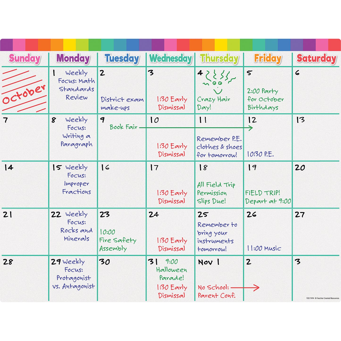 Colorful Calendar Write-On/Wipe-Off Chart, Pack of 6