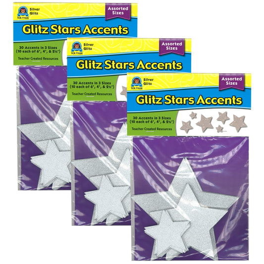 (3 PK) SILVER GLITZ STARS ACCENTS