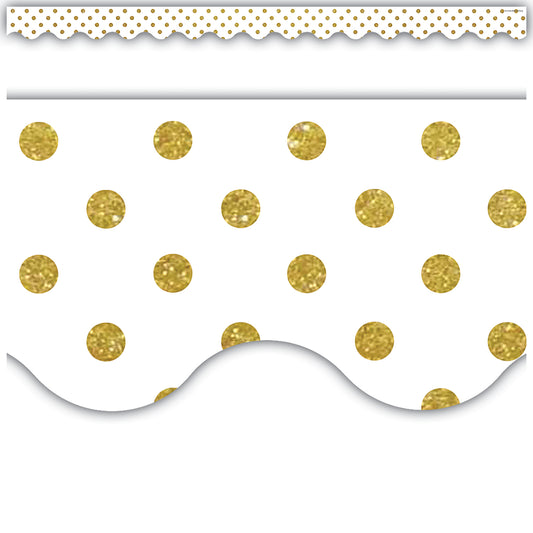 White with Gold Dots Scalloped Border Trim, 35 Feet