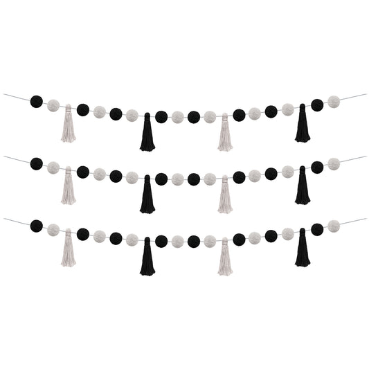 Black and White Pom-Poms and Tassels Garland, Pack of 3