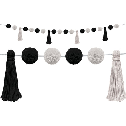 Black and White Pom-Poms and Tassels Garland, Pack of 3