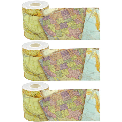 Travel the Map Straight Rolled Border Trim, 50 Feet Per Roll, Pack of 3