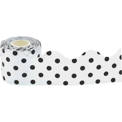 Black Polka Dots on White Scalloped Rolled Border Trim, 50 Feet