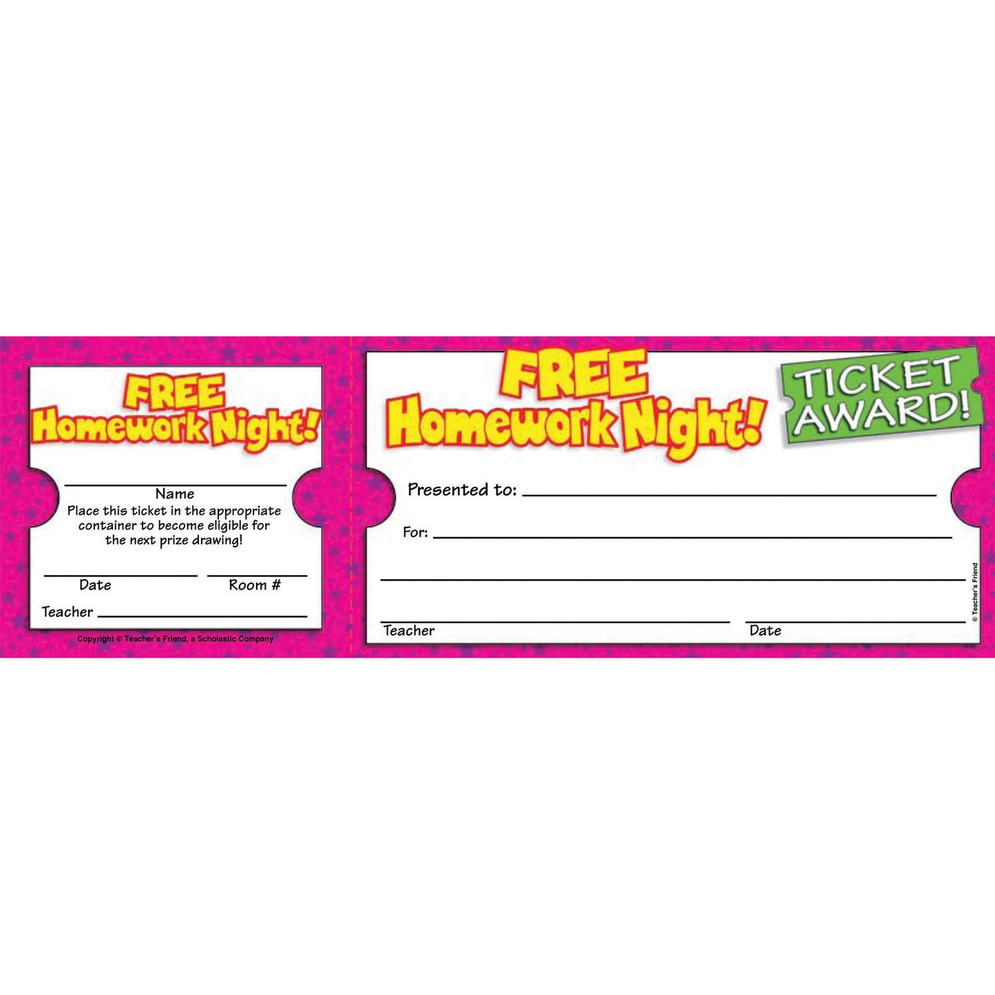 Free Homework Night Ticket Awards, 100 Per Pack, 12 Packs