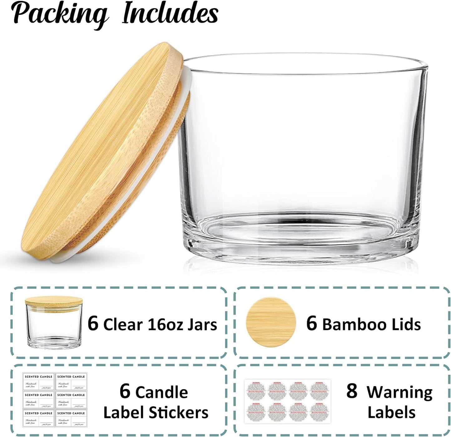 16Oz Candle Jars 6 Pack - 3 Wick Large Empty Clear Glass Candle Making Jars with Bamboo Lids, with Stickers and Labels, Bulk Candle Jars for Making Candles Containers - Dishwasher Safe