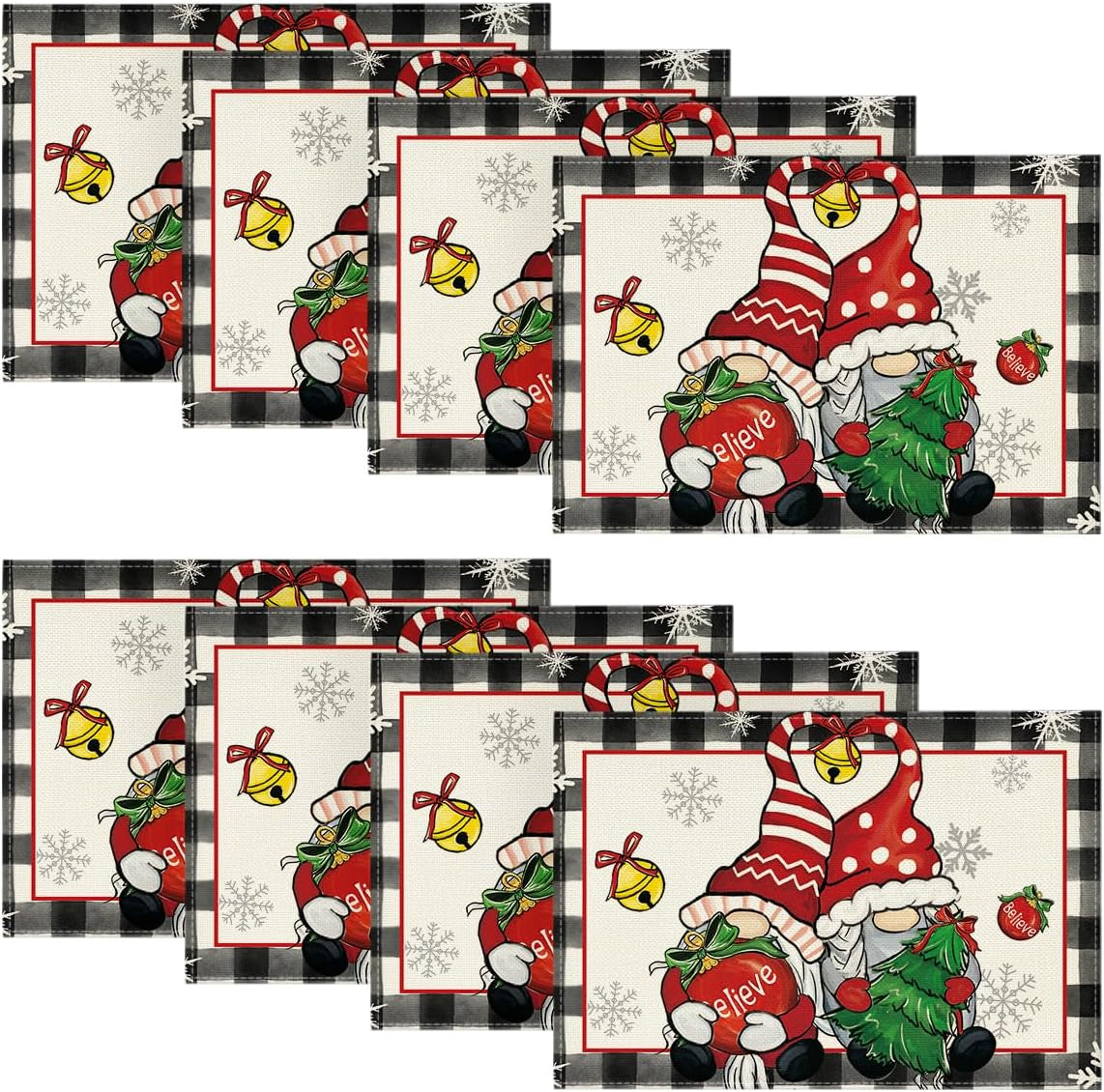 Gnomes Believe Xmas Balls Christmas Placemats Set of 8, 12X18 Inch Seasonal Winter Snowflake Table Mats for Party Kitchen Dining Decoration