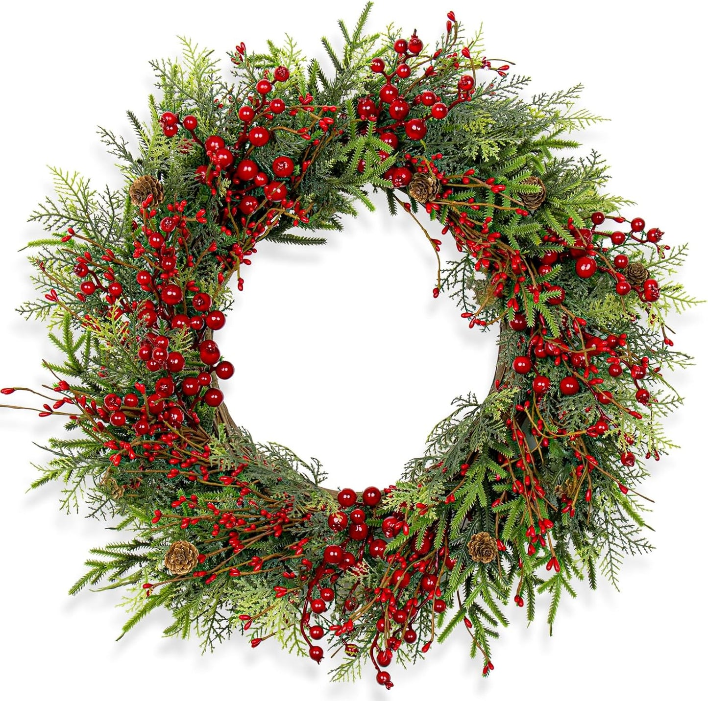 Artificial Christmas Wreath 22 Inch Christmas Wreaths for Front Door Large Winter Wreath with Pine Cones White Berries for Outdoor Indoor Holiday Xmas Celebration (White)