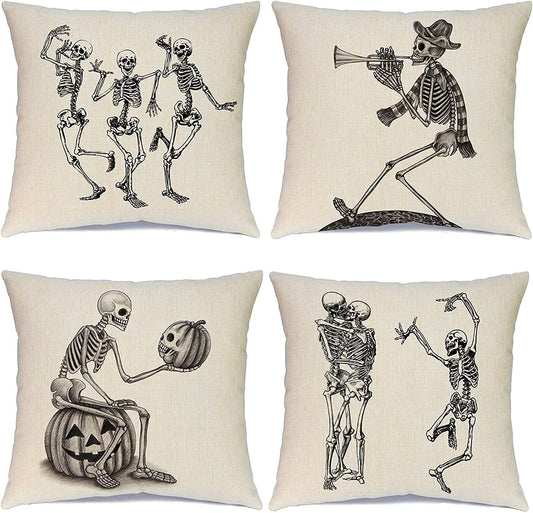 Halloween Pillow Covers Skeleton Skull Pumpkin Throw Pillowcases Set of 4 Cotton Linen Pillow Cushion Cover for Halloween Decorations, 16 by 16 Inch