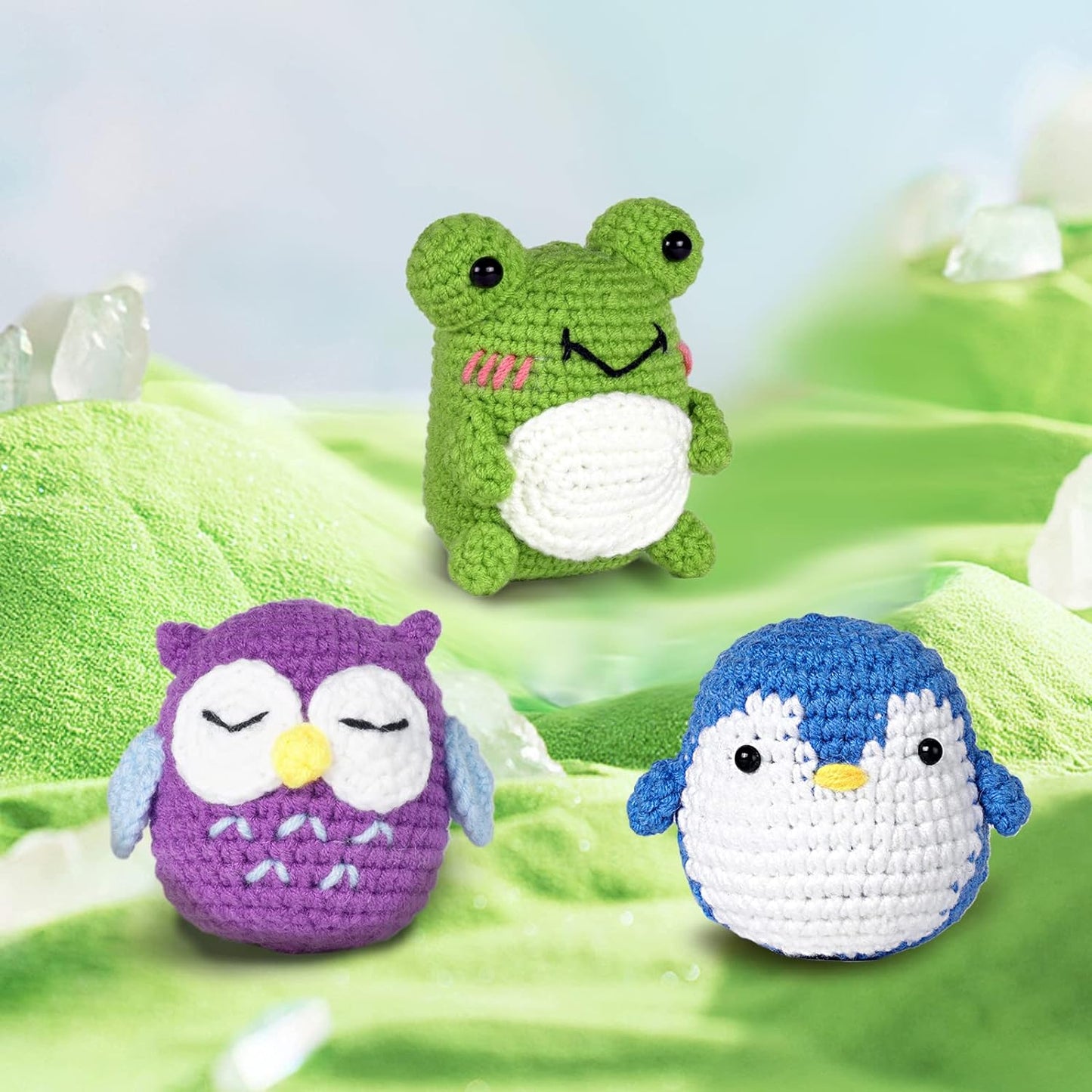 Crochet Kit for Beginners, 3 Pattern Animals-Owl, Penguin, Frog, Knitting Kit for Adult Kids with Step-By-Step Video Tutorials and Yarns, Hook, Accessories