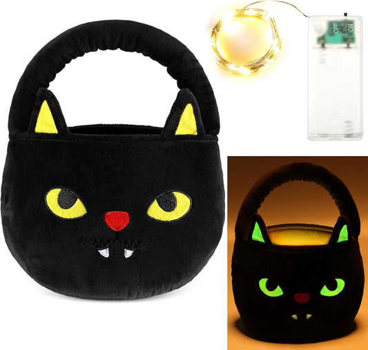 Halloween Trick or Treat Baskets Plush Glow in the Dark Candy Bucket Bag Halloween Pumpkin Ghost Black Cat Glow Candy Tote Bag for Halloween Gifts Party Favors(Black Cat)