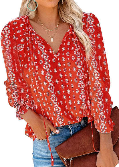 Women'S Casual Boho Floral Printed V Neck Tops Drawstring Short Long Sleeve T Shirt Blouses