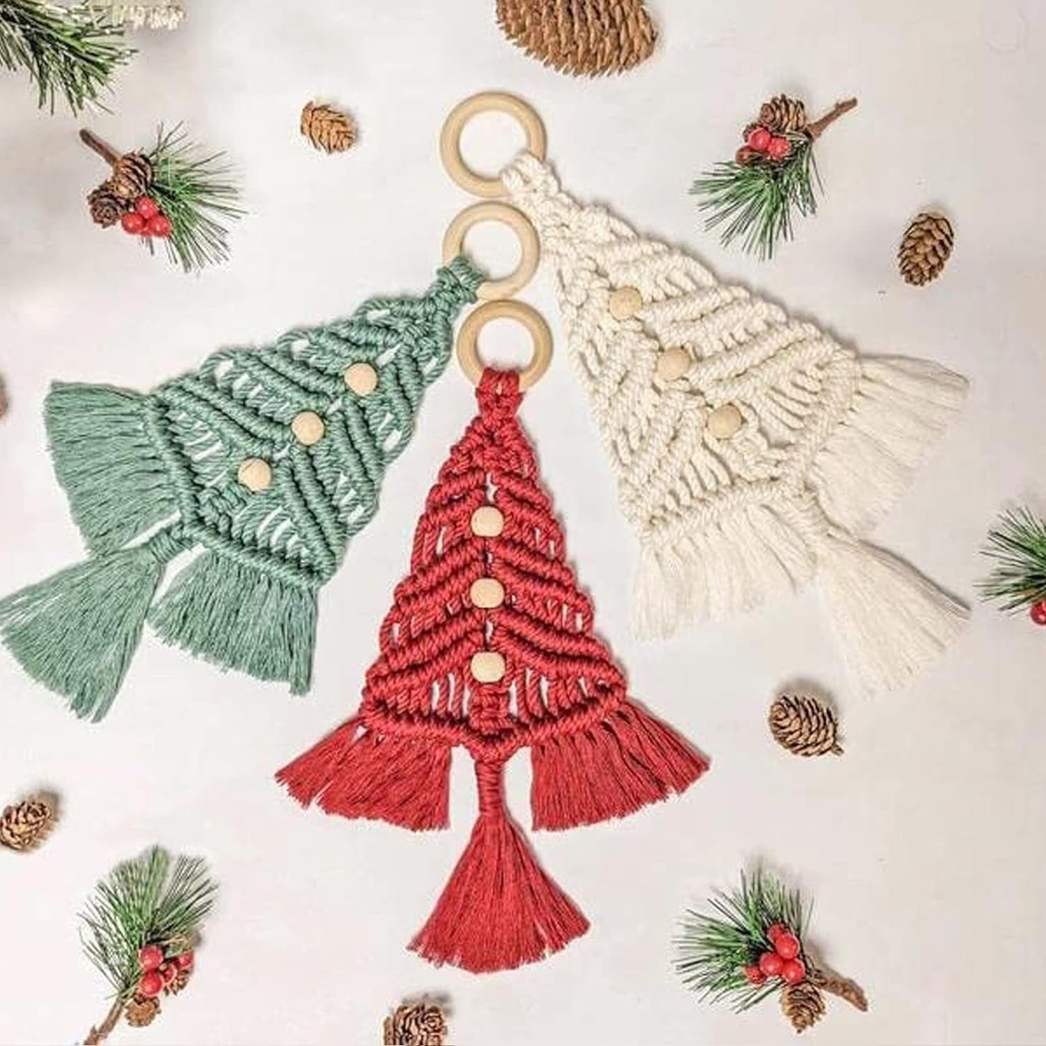 3PCS Christmas Tree Macrame Kit, Christmas Macrame Woven Tree DIY Kit, Woven Macrame Christmas Trees DIY Wall Hangings, Macrame Kits for Adults