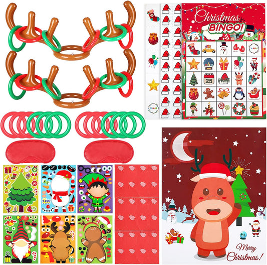 Christmas Party Games Toys Assortment for Kids, DIY Games Sticker, 24 Players Bingo Game, Pin Game, Inflatable Ring Toss Reindeer Antlers Games for Christmas Holiday Party