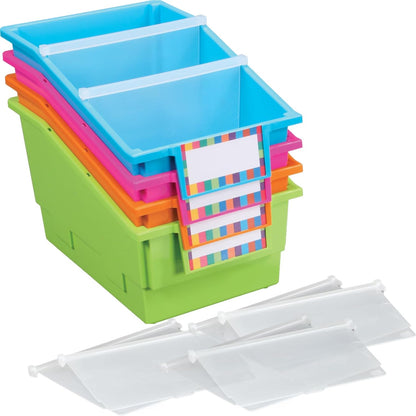 Chapter Book Library Bins with Dividers, 8¾" X 13½" X 7¾" - 4 Pack, Neon | Plastic Shelf Bin Organizer for Classroom Library, Book Organization, Documents, Files, Magazines