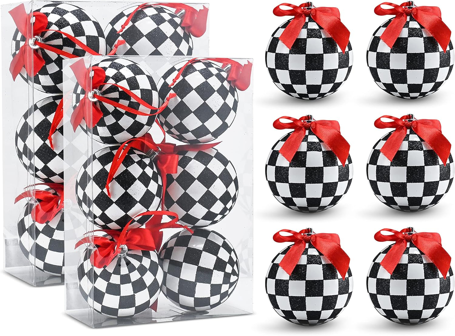 Black and White Ornaments - Glittered Black and White Checkered Ball Checked Ornament with Red Bow, Glitter, and String Christmas Tree Xmas Decoration Set - 3.5" Pack of 12