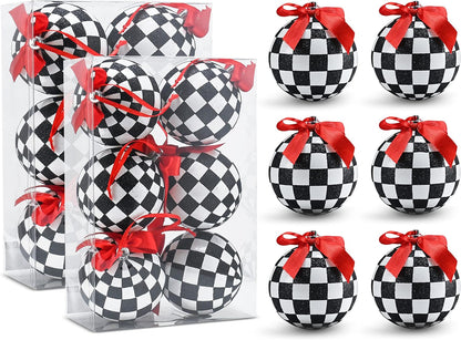 Black and White Ornaments - Glittered Black and White Checkered Ball Checked Ornament with Red Bow, Glitter, and String Christmas Tree Xmas Decoration Set - 3.5" Pack of 12