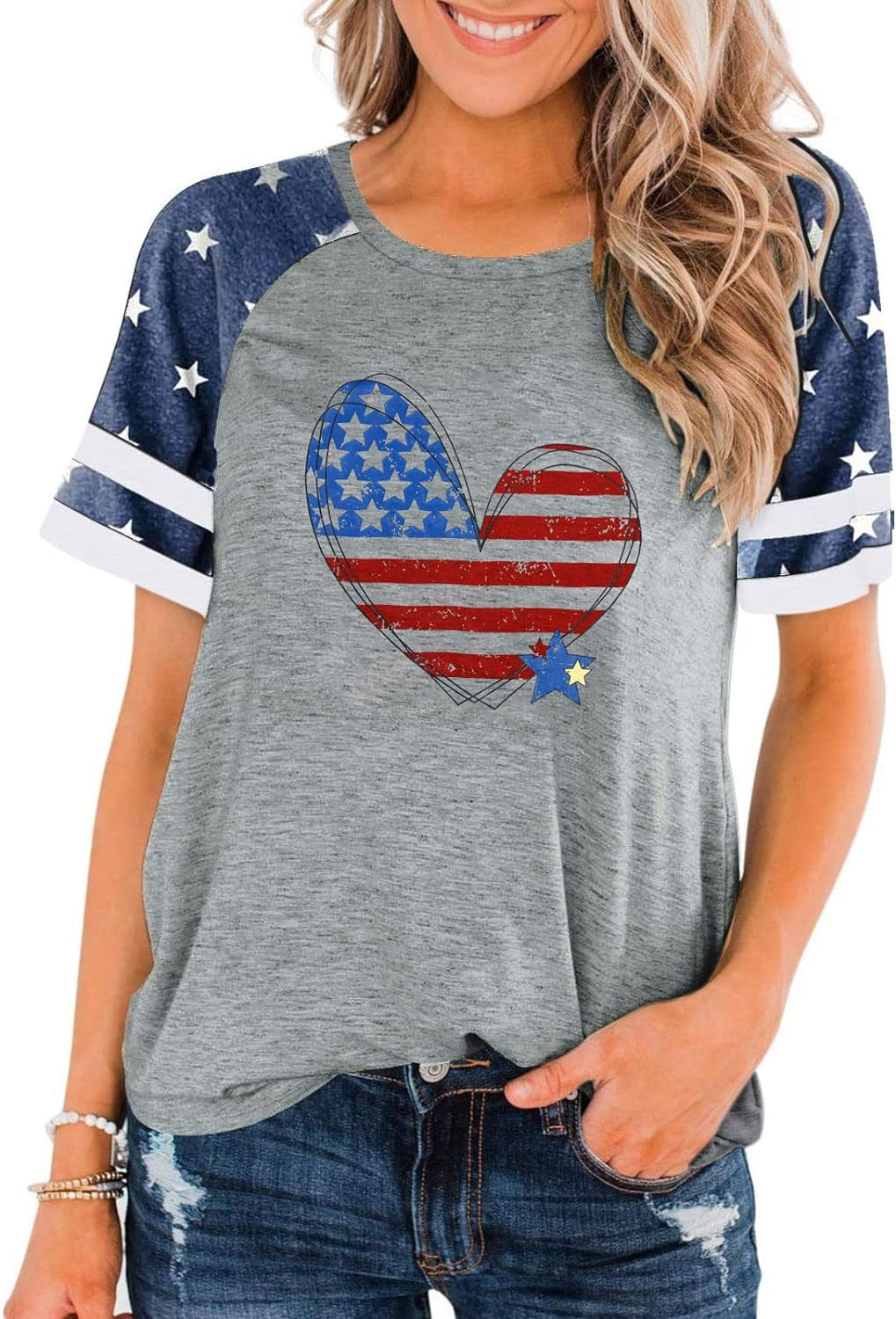 American Flag T Shirt Patriotic Shirts Women Veteran Shirt Raglan Short Sleeve Stars Stripes Top Tees