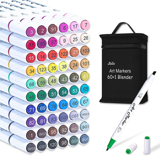 61 Colors Alcohol Art Markers, 60 Colors plus 1 Blender Dual Tip Permanent Marker Pens Highlighters Perfect for Kids Adults Artist Drawing Sketching Card Making & Coloring Books