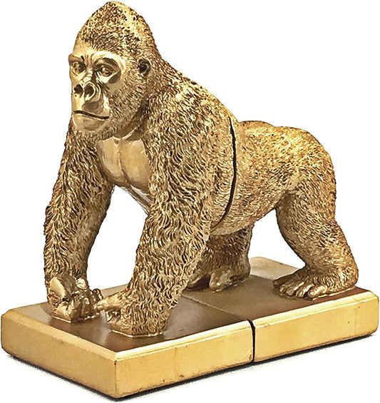 Golden Decorative Bookends Gorilla King Kong Animal Figurines Monster Sculptures Vintage Book Ends Holder Shelves Stoppers Support Non Skid Heavy Duty Kids Gift Room Office Library 8 Inch