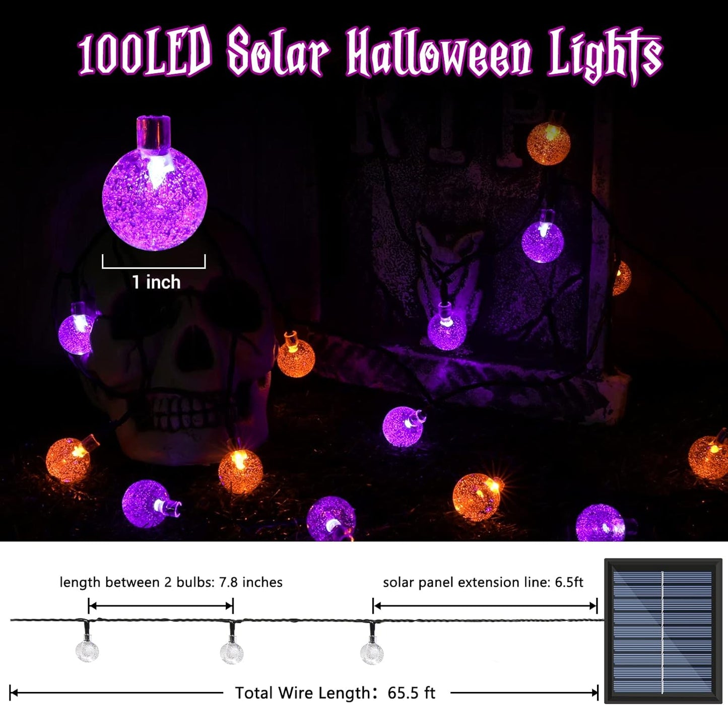 Orange Solar Halloween Lights, 72FT 100 LED Halloween Globe Lights, 8 Modes Waterproof Halloween Lights for Halloween Decoration