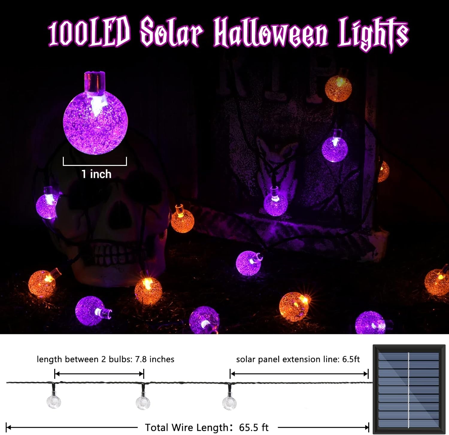 Orange Solar Halloween Lights, 72FT 100 LED Halloween Globe Lights, 8 Modes Waterproof Halloween Lights for Halloween Decoration