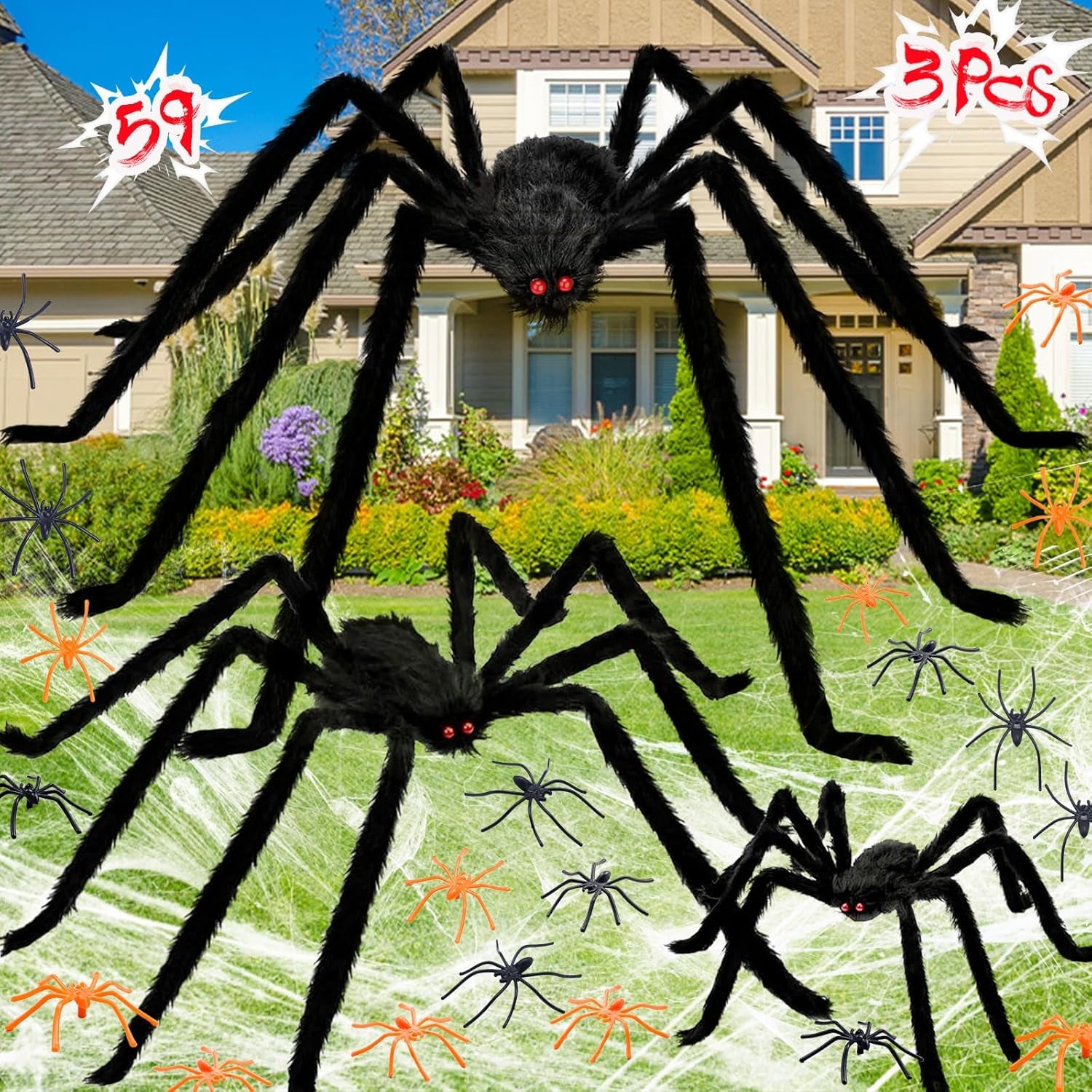 Halloween Giant Spider Decorations Indoor Outdoor Realistic Halloween Spider 3 Pack Sets with 250Sqft Spider Webs and 20 Fake Mini Spiders, Scary Hairy Spiders Props Yard Creepy Décor