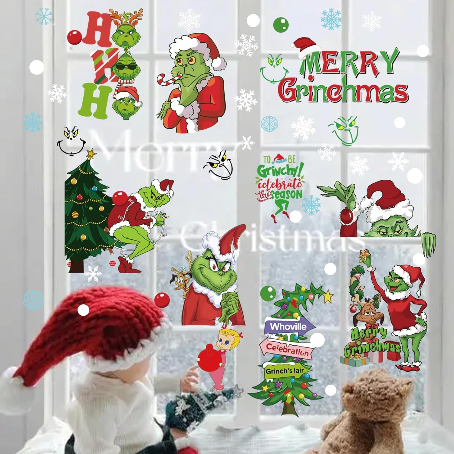 102 Pcs Christmas Window Clings - Decorations for Glass Windows,Christmas Elf Faces Window Stickers with Snowflake,Double Sided Static Window Clings for Home Christmas Party Supplies (9 Sheets)