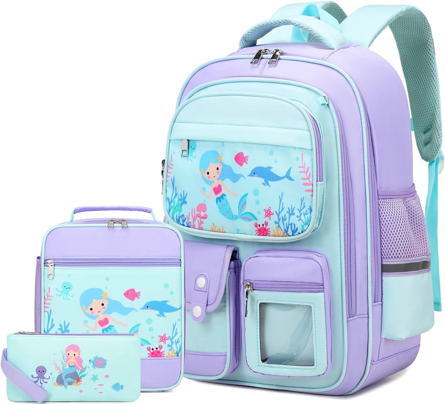 3PCS School Backpack for Girls, Kids Backpack for Girls with Lunch Box Pencil Case, Cute Kawaii Rainbow Backpack for Girls, Schoolbag Bookbag for Kindergarten Elementary Middle High School