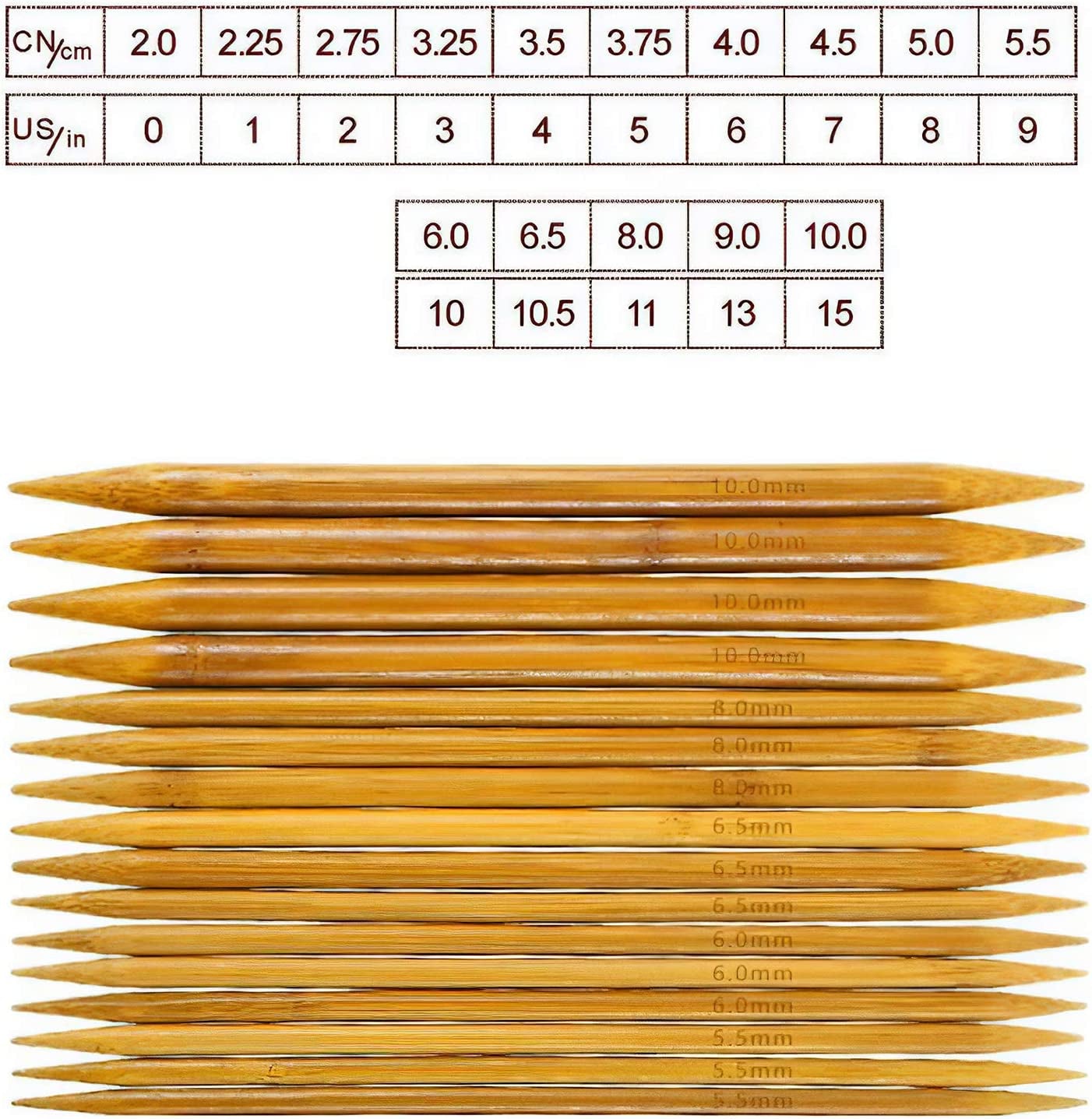 Double Pointed , 75 Pcs Bamboo Knitting Needles Set, 15 Sizes from 2.0Mm-10.0Mm(8 Inches Length)+ 4Pcs Knitting Needles Point Protectors