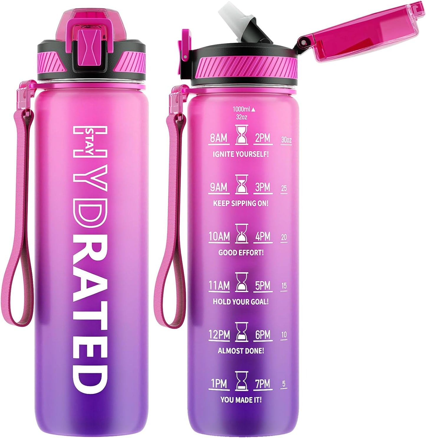 Water Bottle with Straw, 32 Oz Motivational Water Bottles with Time Marker to Drink, Tritan BPA Free, 1L Sports Water Bottle with Carry Strap Leakproof for Men Gym Fitness Outdoor (1 Pack)