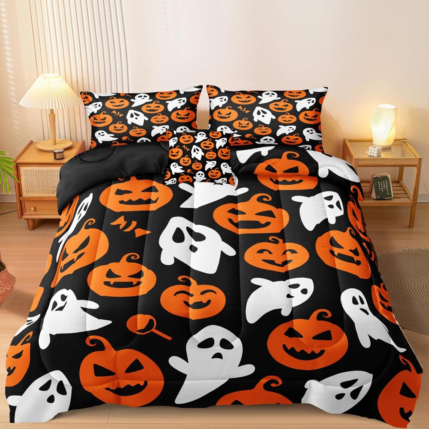 Pumpkin Comforter Set King Size Halloween Comforter Set Girls Boys Kids Cute Orange Pumpkin and White Ghost Printed Design Halloween Bedding Set 4 Pieces Candy and Pumpkin Bedding Sets