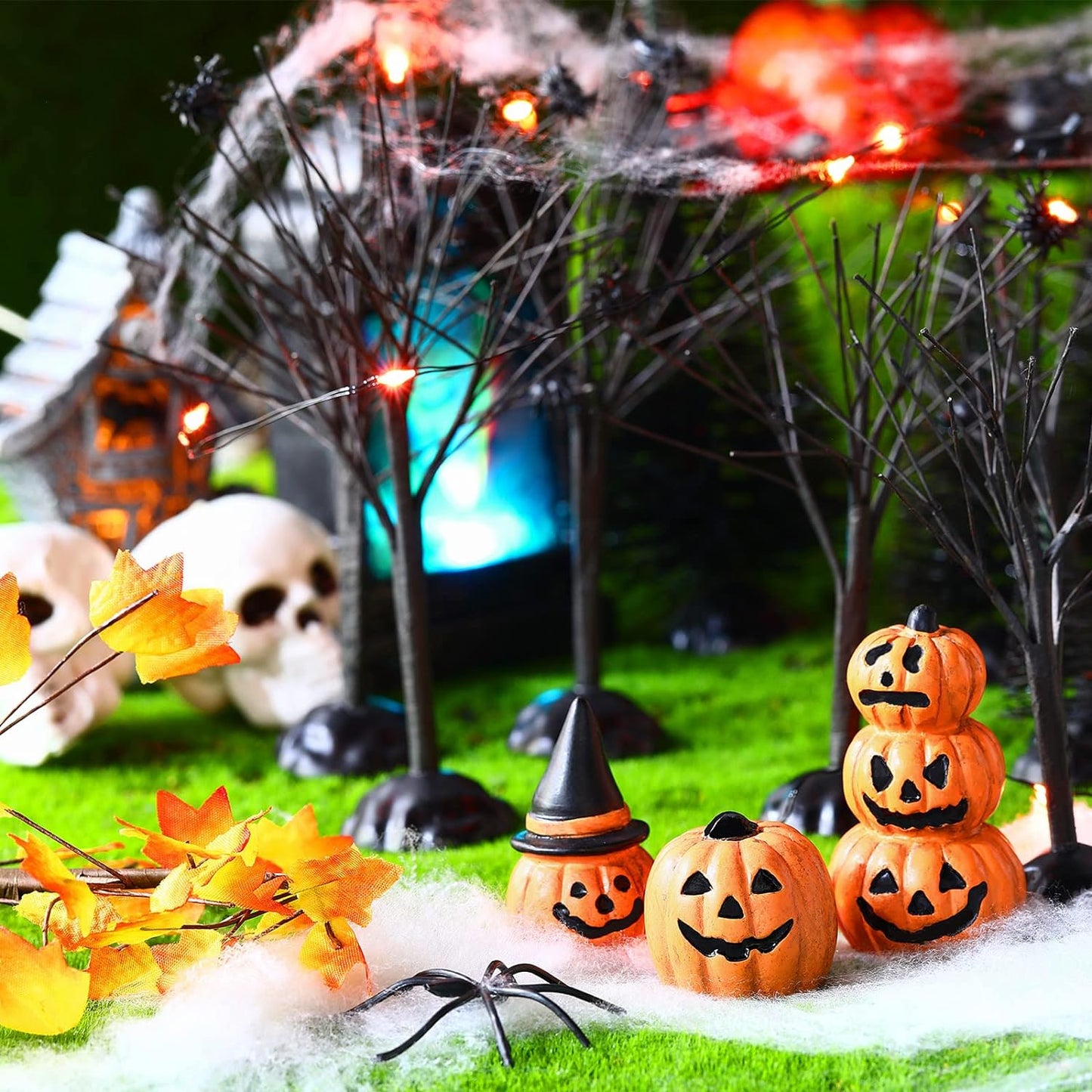 19 Pcs Halloween Village Accessories Set Miniature Halloween Figurines Houses Ornaments Bare Branches LED Tombstones Skeleton Pumpkin Statues Fake Spiders Halloween Party Decor