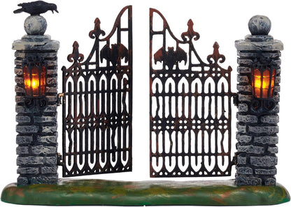 Halloween Accessories for Village Collections Miniature Spooky Wrought Iron Gate Lit Figurine, 4.53-Inch, Multicolor