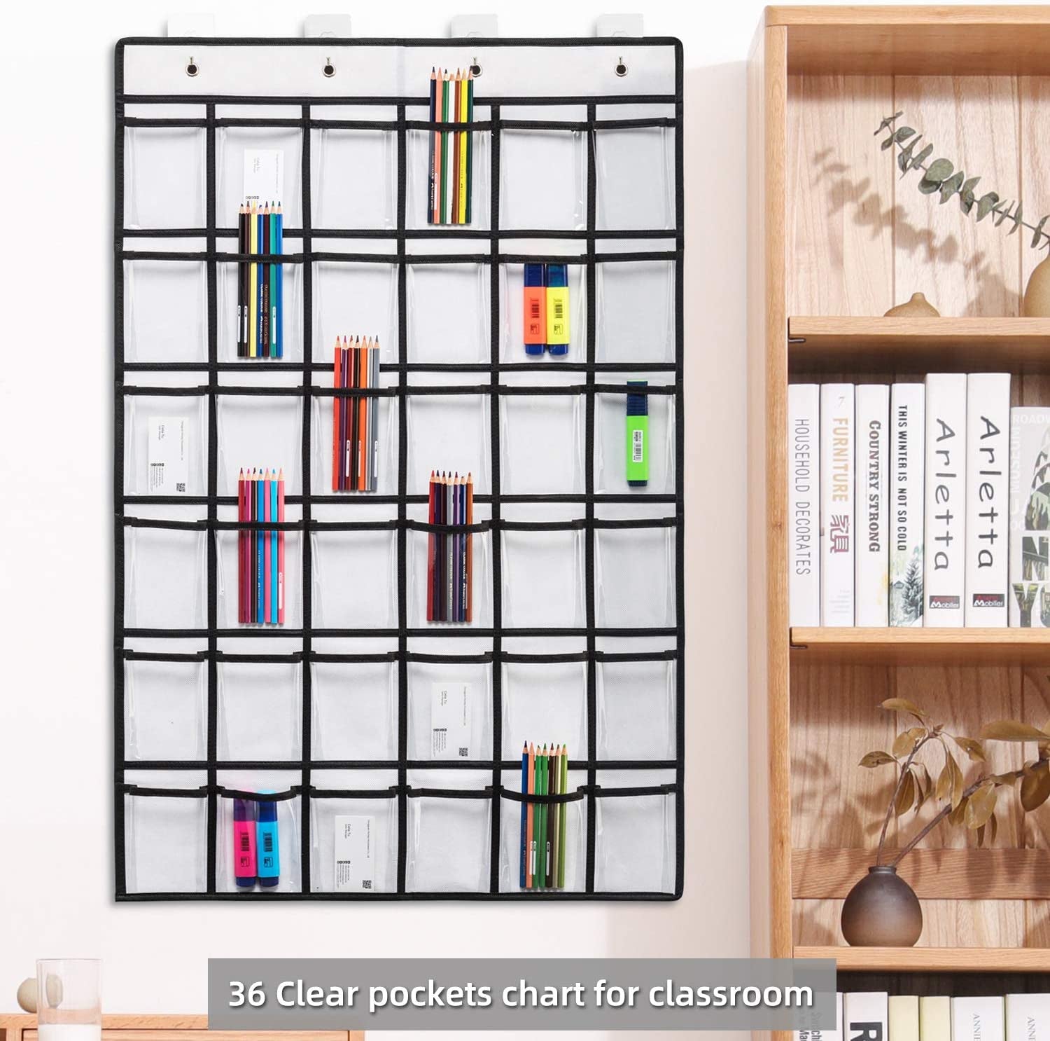 36 Clear Pockets Classroom Pocket Chart for Cell Phones and Calculator Holder, Pocket Chart for Classroom Phone Holder with Number Stickers and Hooks (Grey)