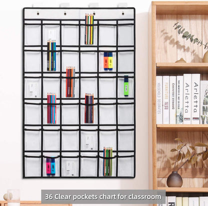 36 Clear Pockets Classroom Pocket Chart for Cell Phones, Pocket Chart for Calculator Phone Holder with 36 Number Stickers and Hooks (White)