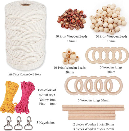 130 Pcs Macrame Kit for Beginners-219 Yards(657 Feet-3Mm) 7 Easy Macrame DIY Projects Book-Starter Kit Has Dowel,Beads,Rings,Keychains,Bag(Gift) - Perfect Macrame Starter Kits