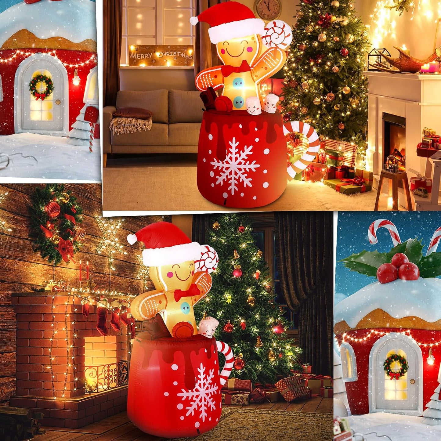 6 FT Christmas Inflatables Gingerbread Inflatable Christmas Outdoor Decorations Cute Blow up Gingerbread Man in Hot Cocoa Mug with LED Light for Yard Garden Lawn Xmas Holiday Party Decor