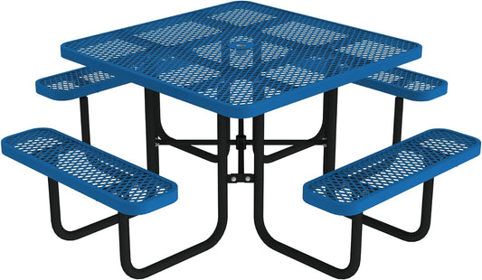 Open Air Series 46" round Picnic Table with Benches and Umbrella Hole, Commercial-Grade Steel Portable Outdoor Picnic Table, Blue