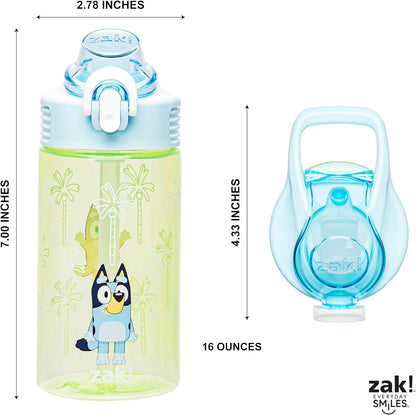 Sage Bluey Kids Water Bottle for School or Travel, 16Oz Durable Plastic Water Bottle with Straw, Handle, and Leak-Proof, Pop-Up Spout Cover (Bluey & Bingo)