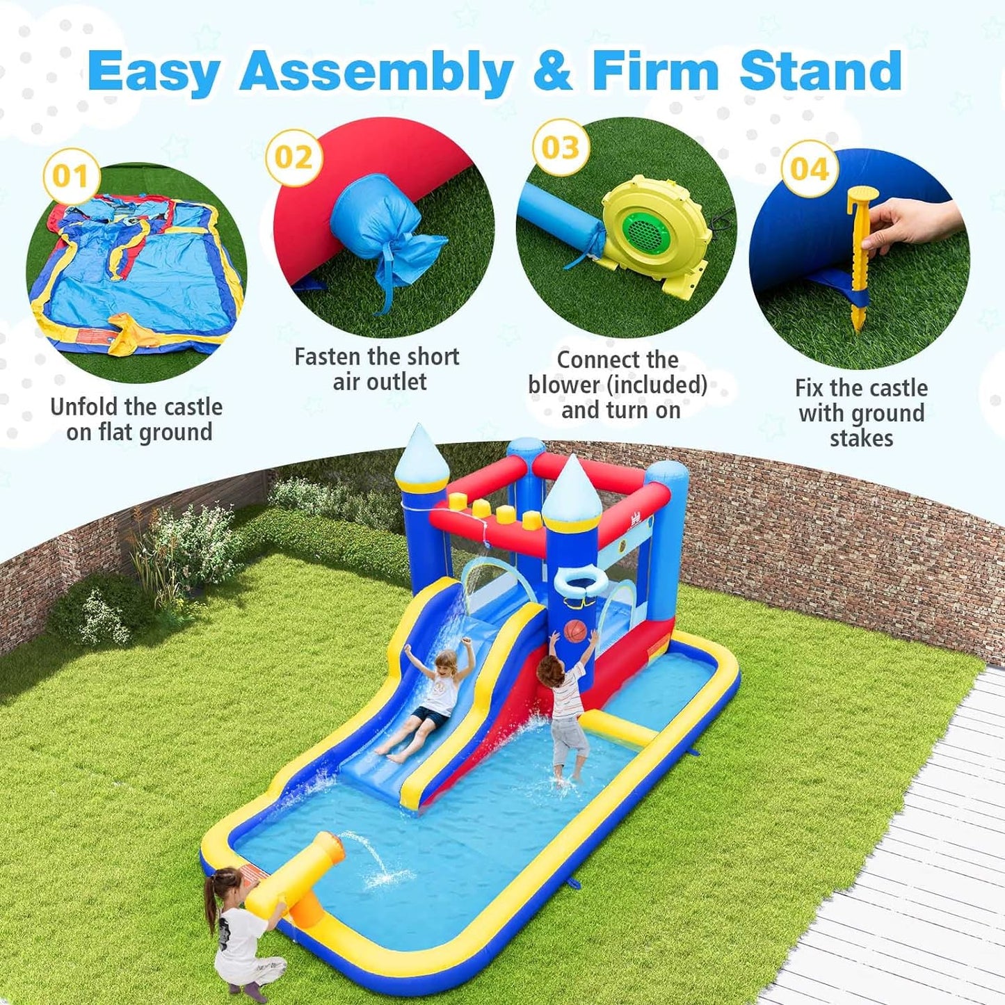 Inflatable Water Slide, Bounce House Water Slide with Ball Pit for Kids Backyard Fun W/735W Blower, Blow up Jump Bouncy Castle Water Slides Inflatables for Kids Boys Girls Outdoor Party Gifts