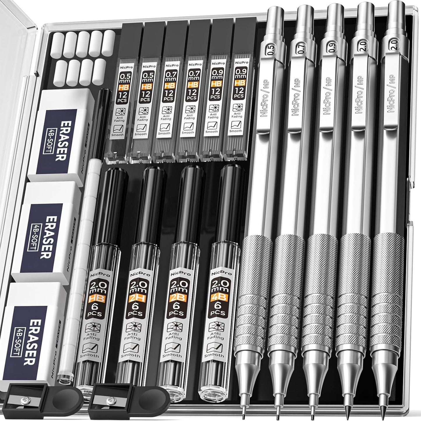 22PCS Metal Mechanical Pencil Set in Case, Art Drafting Pencil 0.5, 0.7, 0.9 Mm & 2 PCS 2Mm Graphite Lead Holder(4B 2B HB 2H) for Drawing Writing Sketching with 10 Tube Lead Refills Erasers
